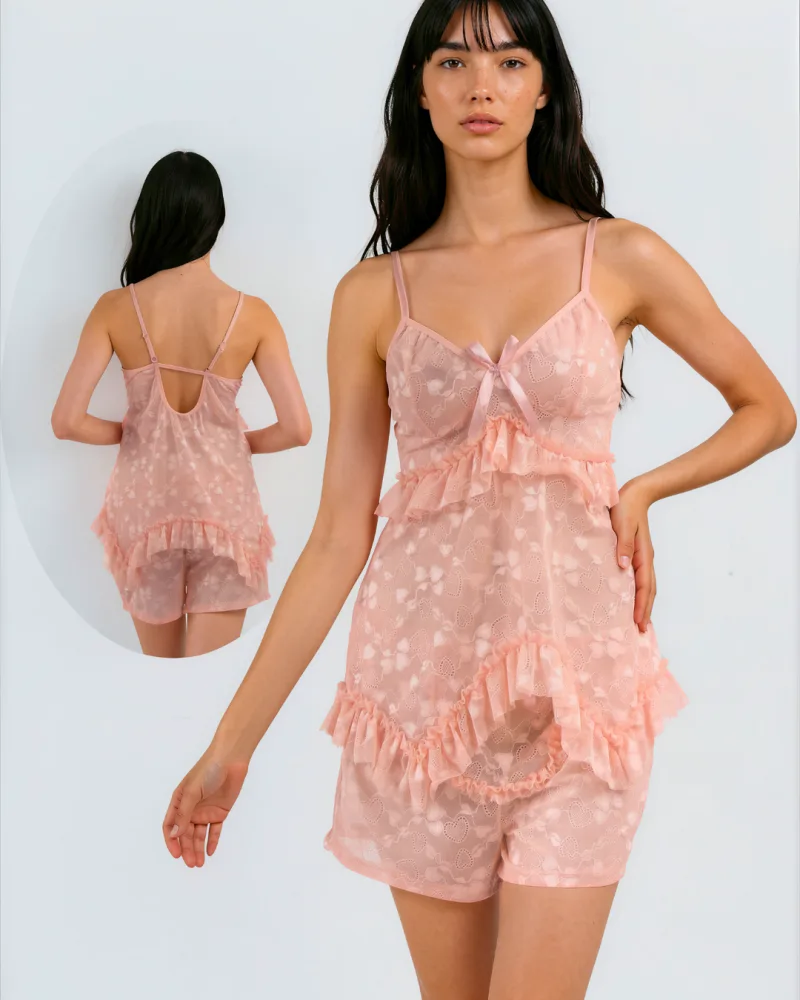 Peach Blossom Ruffle Lace Two-Piece Cami Sleepwear Set